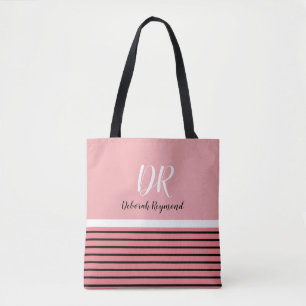 pink & black stripes with name & initials nice tote bag