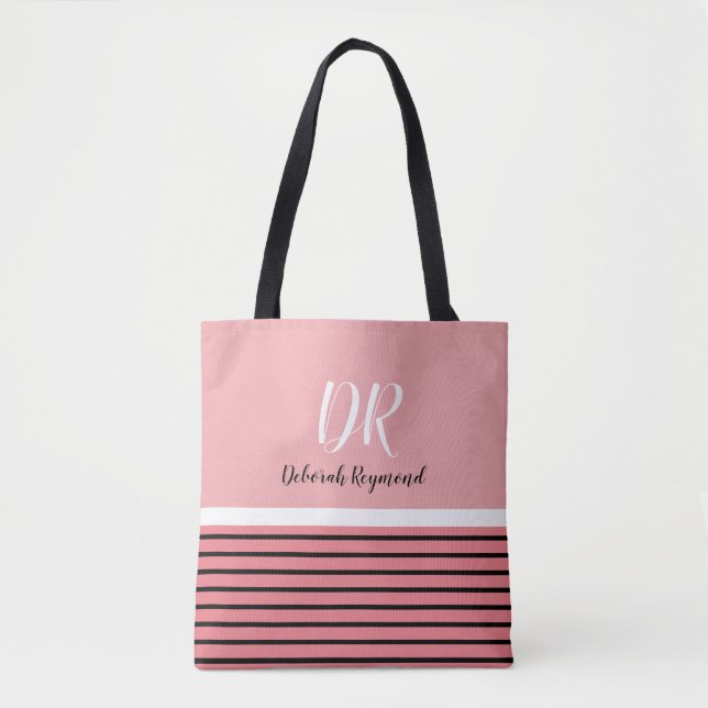 pink & black stripes with name & initials nice tote bag (Front)