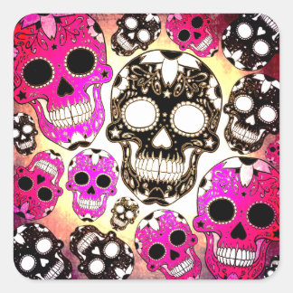 Pink black sugar skulls grunge square stickers