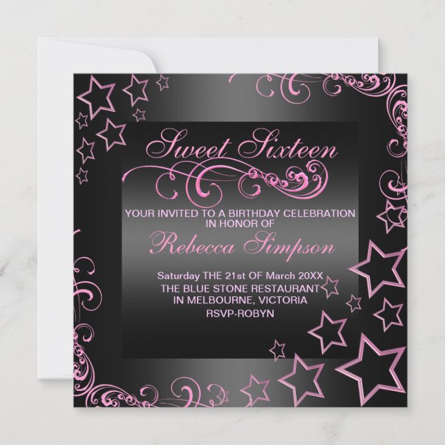 Pink/Black Sweet16 Star & Swirl Birthday Invite (Front)