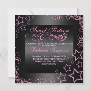 Pink/Black Sweet16 Star & Swirl Birthday Invite
