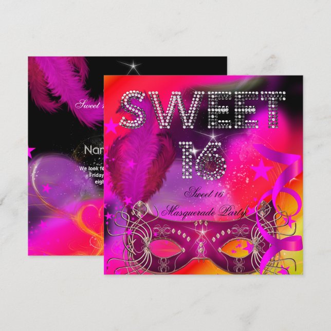 Pink Black Sweet 16 Masquerade Birthday Party Invitation (Front/Back)