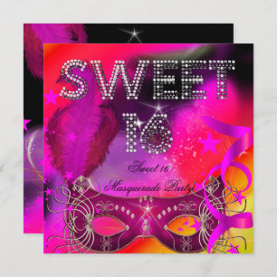 Pink Black Sweet 16 Masquerade Birthday Party Invitation