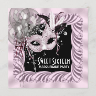 Pink Black Sweet 16 Masquerade Party Invitation