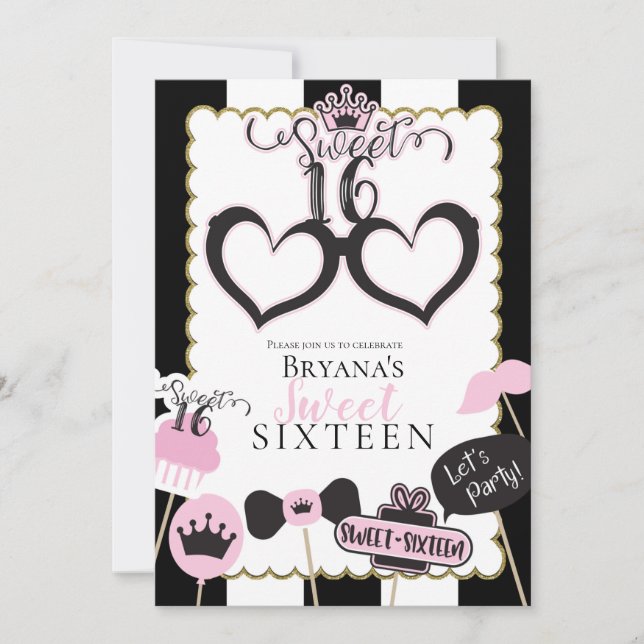 Pink Black Sweet 16 Photo Booth Birthday Party Invitation (Front)