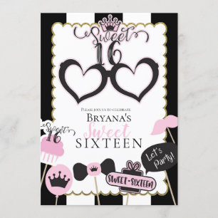 Pink Black Sweet 16 Photo Booth Birthday Party Invitation