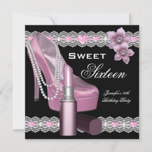 Pink Black Sweet Sixteen 16 Party Shoe Lipstick Invitation
