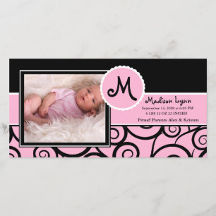 Pink & Black Swirl Baby Girl Birth Announcement