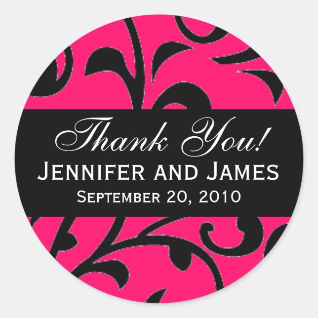 Pink Black Swirl Damask Wedding Thank You Labels (Front)