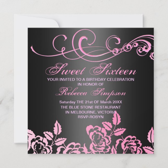 Pink/Black Swirl Rose Sweet 16 Birthday Invite (Front)