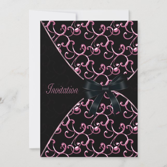 Pink Black Swirls Party Invitations (Front)
