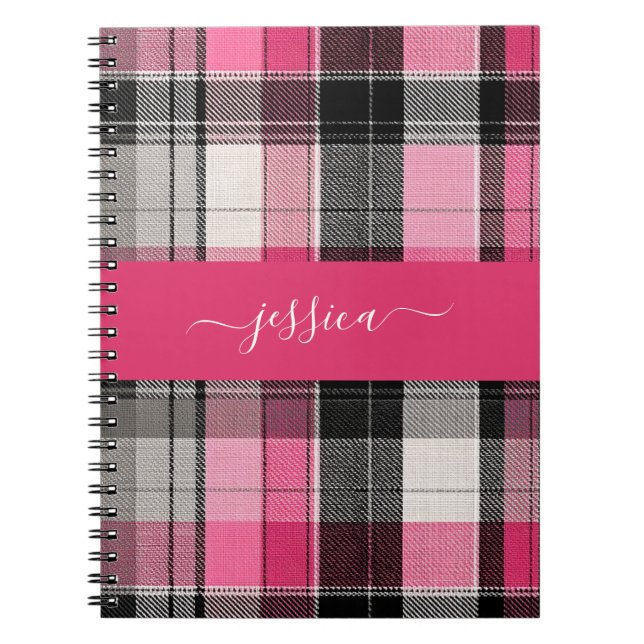 Pink black tartan plaid script name  notebook (Front)