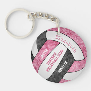 Pink black team colours girls sports volleyball key ring