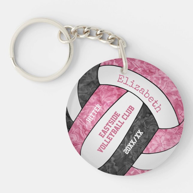 Pink black team colours girls sports volleyball key ring (Front)