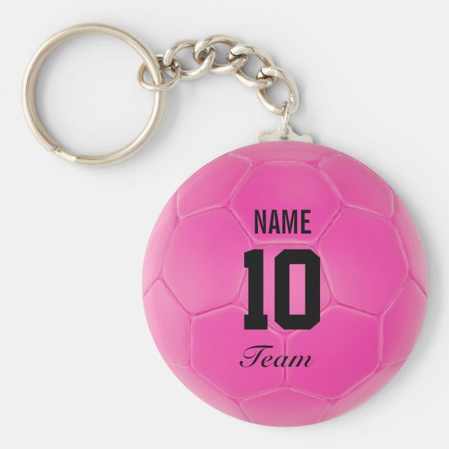 Pink Black Team Soccer Ball Personalised Name Key Ring (Front)