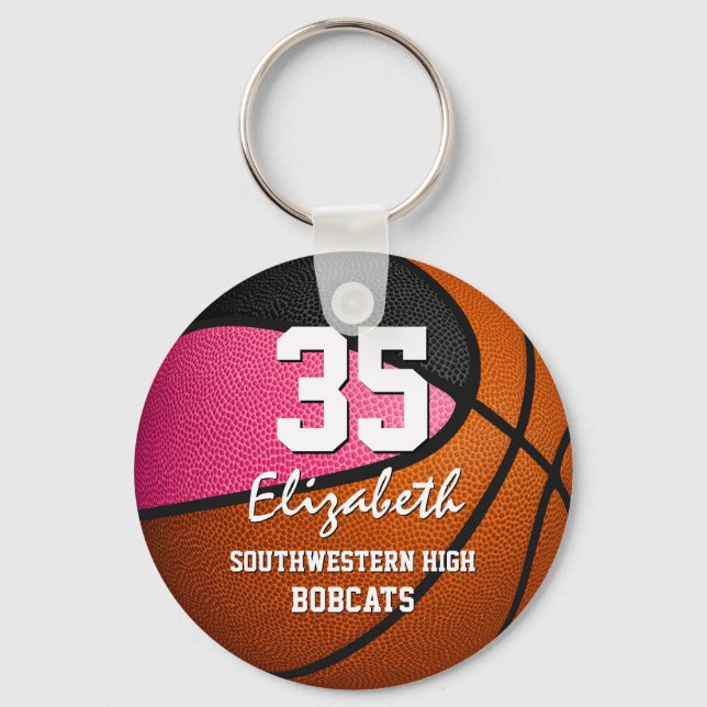 Pink black team spirit girls basketball key ring (Front)