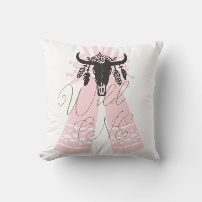 Pink & Black Tepee Arrows Boho Chic Wild ONE Cushion (Front)