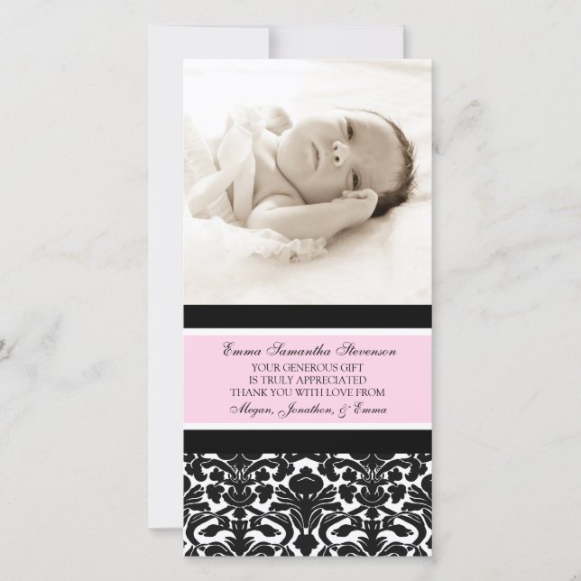 Pink Black Thank You Baby Shower Photo Cards (Front)