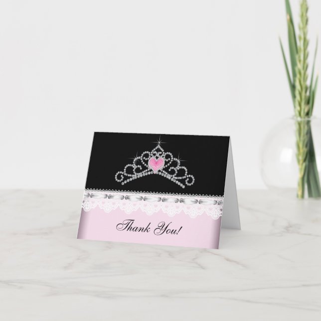 Pink Black Tiara Princess Thank You Cards (Front)