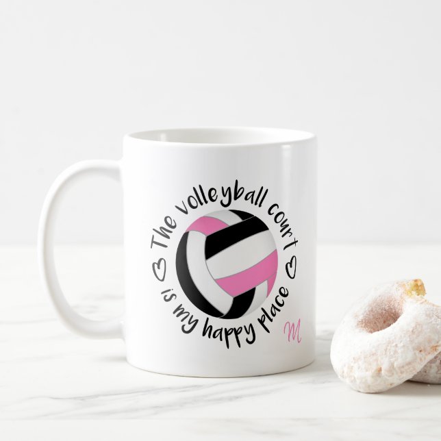 pink black volleyball court is my happy place coffee mug (With Donut)