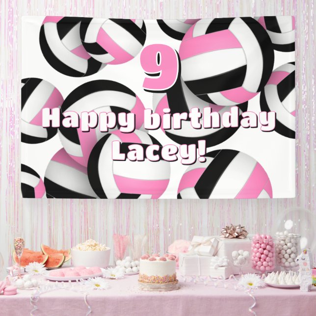 pink black volleyballs girls sports birthday party banner (Party)
