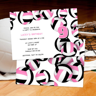 pink black volleyballs girls sports birthday party invitation
