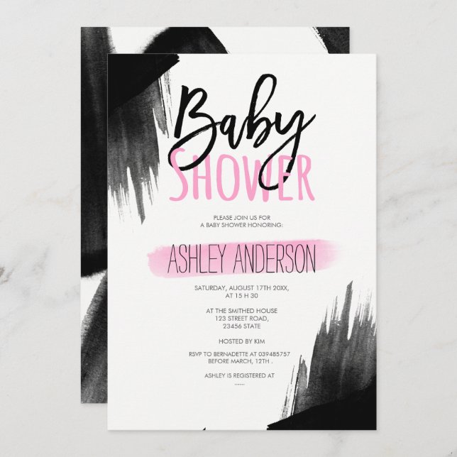 Pink black watercolor brush script Baby shower Invitation (Front/Back)