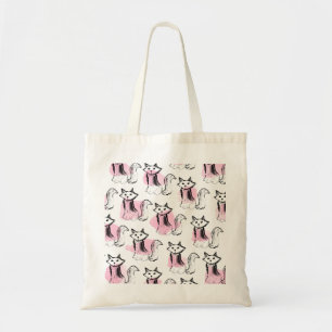 Pink black watercolor brushstrokes cute cats tote bag