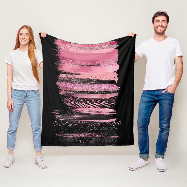 Pink Black Watercolor Glitter Foil Paint Strokes Fleece Blanket (In Situ)
