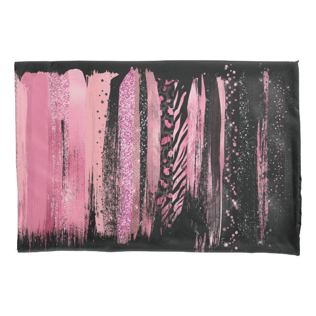 Pink Black Watercolor Glitter Foil Paint Strokes Pillowcase (Front)