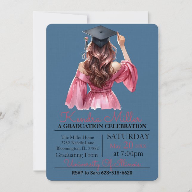 Pink & Black Watercolor Graduation Invitation (Front)