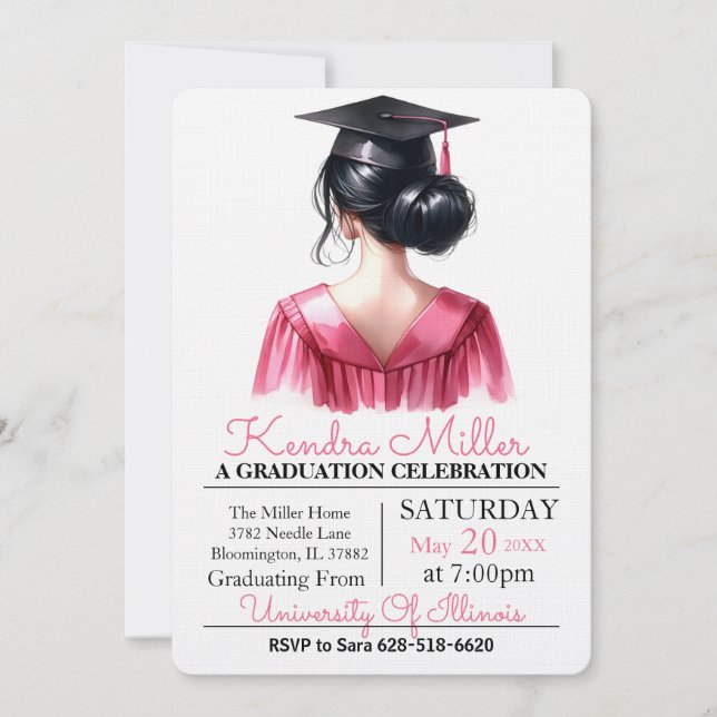 Pink & Black Watercolor Graduation Invitation (Front)