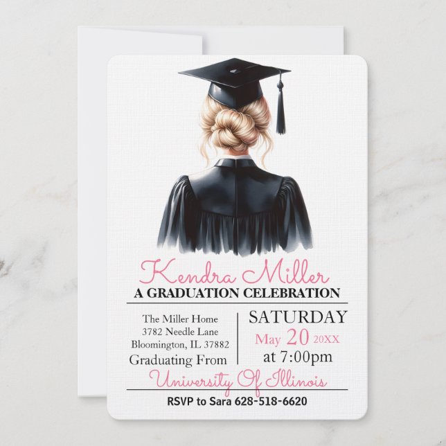 Pink & Black Watercolor Graduation Invitation (Front)