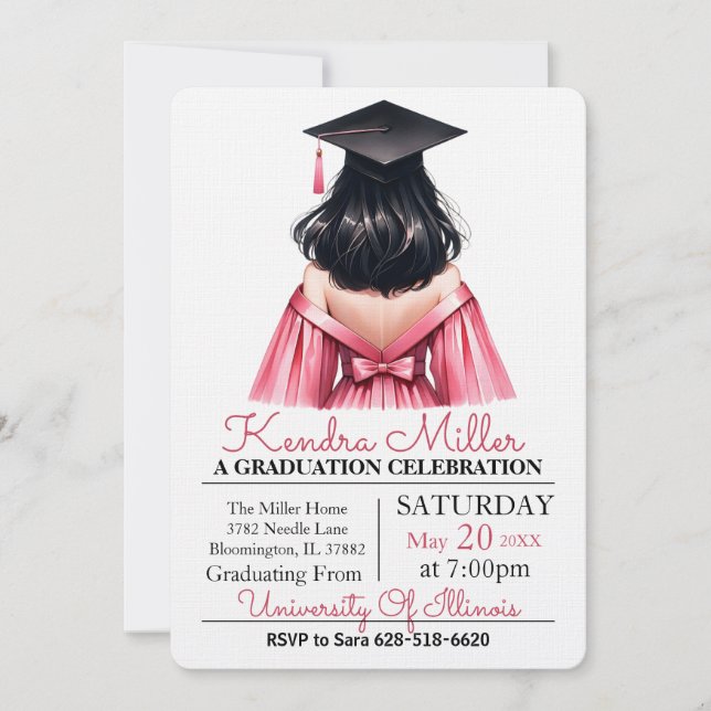 Pink & Black Watercolor Graduation Invitation (Front)