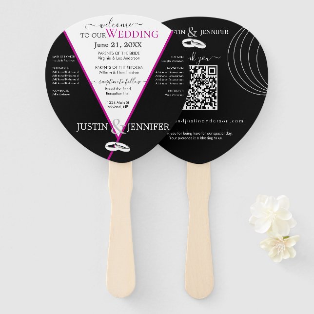 Pink Black Wedding Colours Hand Fan (Front and Back)