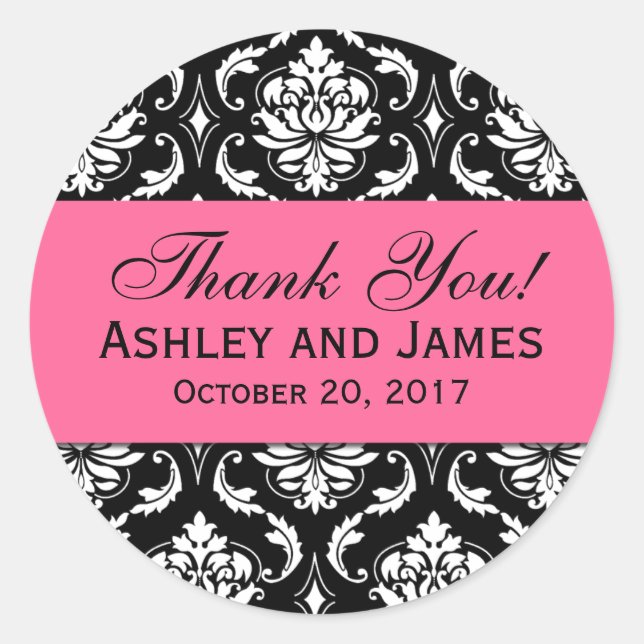 Pink, Black Wedding Damask Thank You Label (Front)