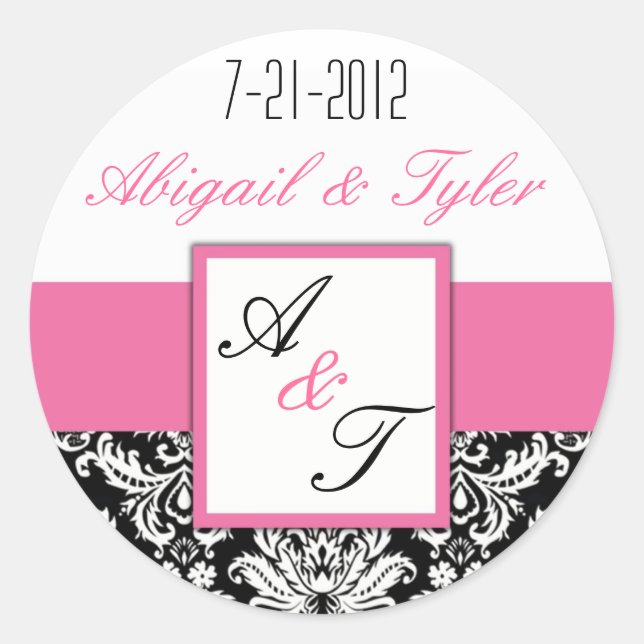 Pink Black Wedding Monogram Damask Sticker (Front)