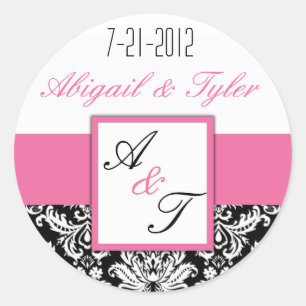 Pink Black Wedding Monogram Damask Sticker