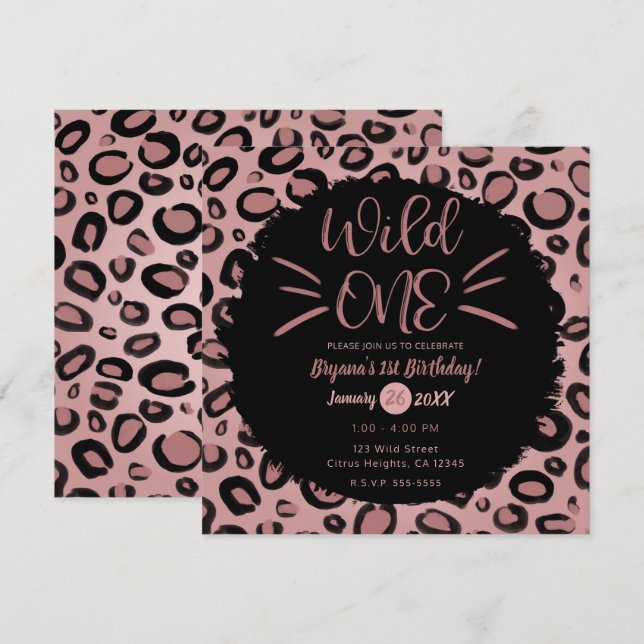 Pink & Black Whiskers WILD ONE 1st Birthday Party Invitation (Front/Back)