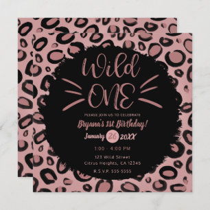 Pink & Black Whiskers WILD ONE 1st Birthday Party Invitation