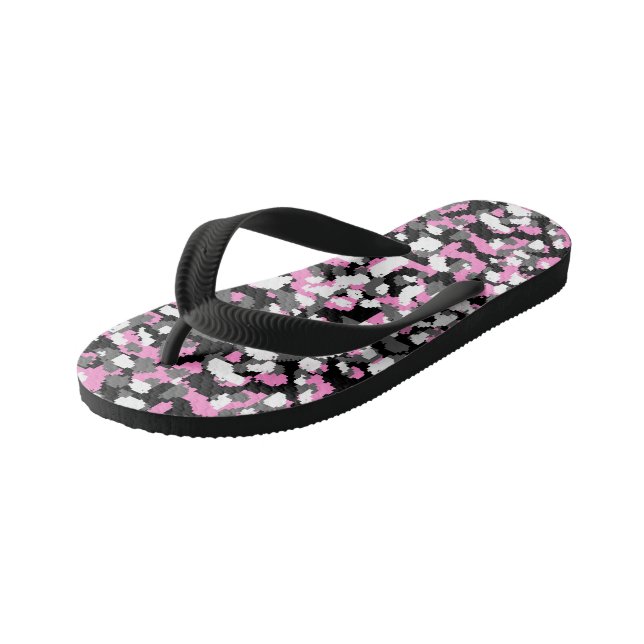 Pink, black, white and Grey Camo abstract Kid's Thongs (Angled)