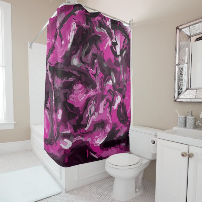 Pink, Black, White and Grey Swirls Shower Curtain (In Situ)