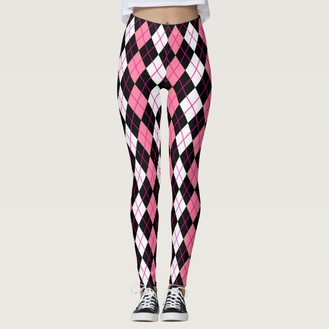 Pink Black White Argyle Diamond Design  Leggings (Front)