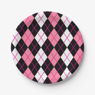 Pink Black White Argyle Diamond Design Paper Plate