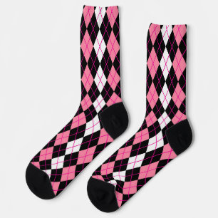 Pink Black White Argyle Diamond Design Socks