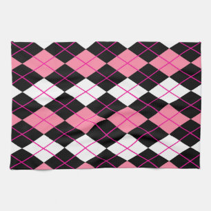 Pink Black White Argyle Diamond Design Tea Towel