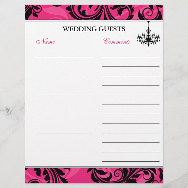 Pink Black White Chandelier Guest Book Paper (Front)
