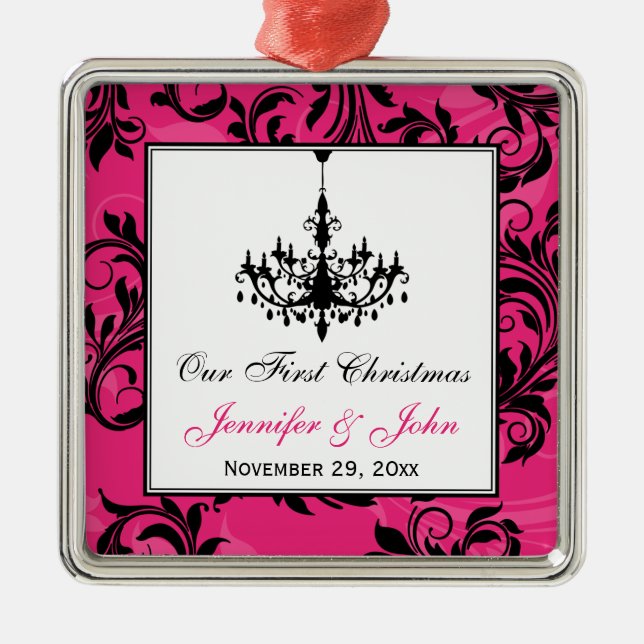 Pink Black White Chandelier Scroll 1st Christmas Metal Ornament (Front)