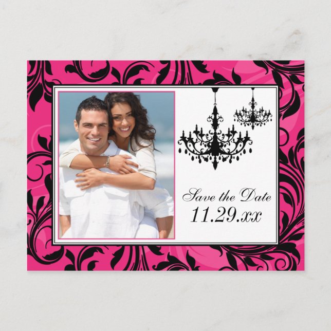 Pink Black White Chandeliers Save the Date Card 2 (Front)