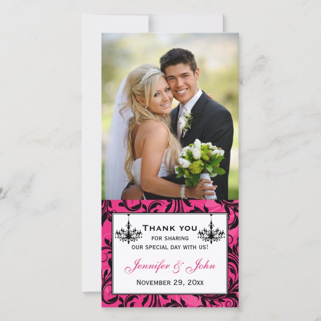 Pink Black White Chandeliers Wedding Photocard Thank You Card (Front)